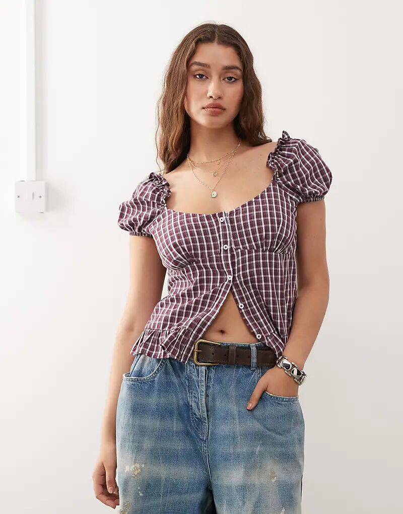 

Топ в стиле вестерн-прерий Reclaimed Vintage с рукавами-фонариками и застежкой на пуговицы в красную клетку