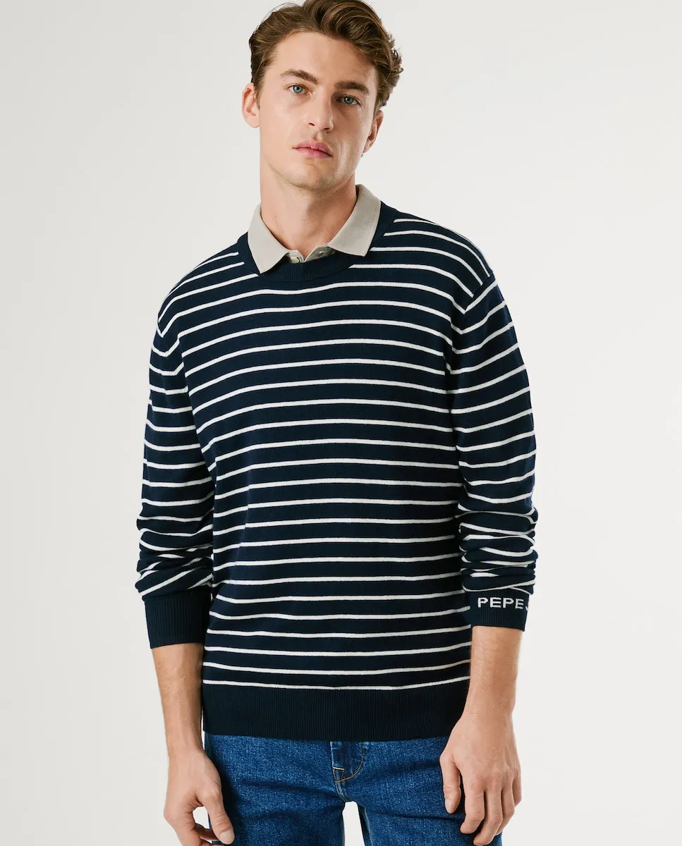 

Мужской свитер с круглым вырезом в полоску Pepe Jeans, темно-синий