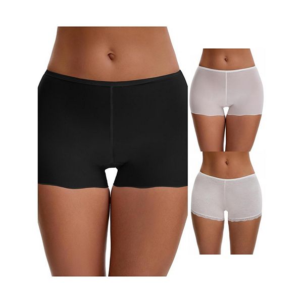 

3 упаковки женских бесшовных шорт из ледяного шелка с кружевной отделкой для ношения под платьями, эластичные шорты-боксеры Inspire Chic, White Black White Lace