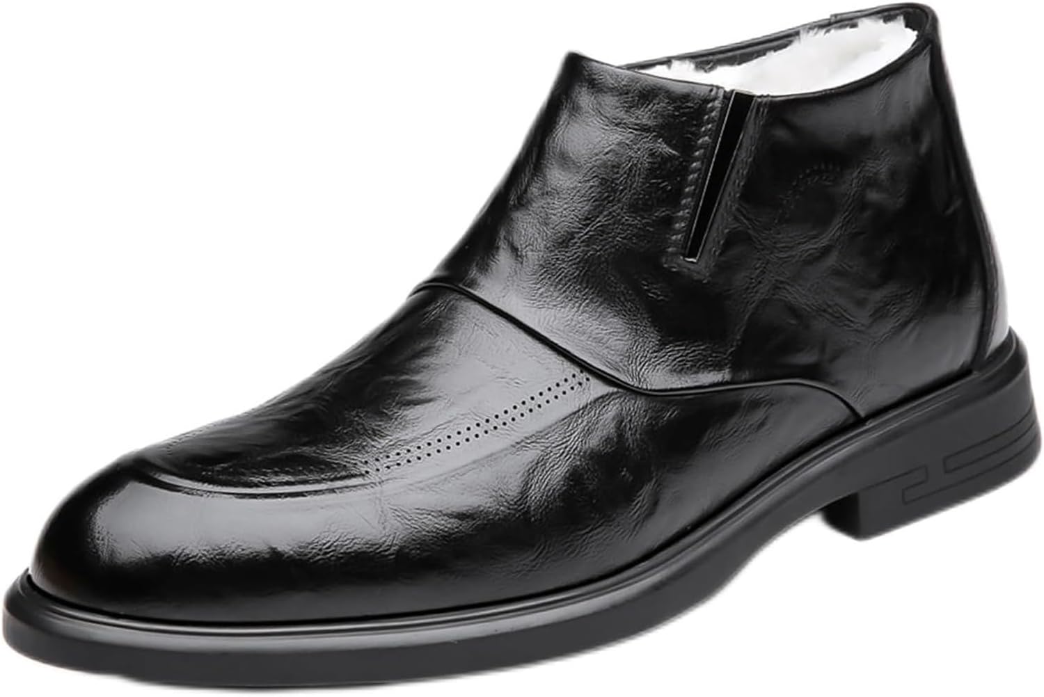 

Мужские ботинки челси из натуральной кожи с меховой подкладкой, зимние укороченные ботинки с модным круглым носком, боковой молнией, высокой посадкой, для делового и официального стиля Generic, черный