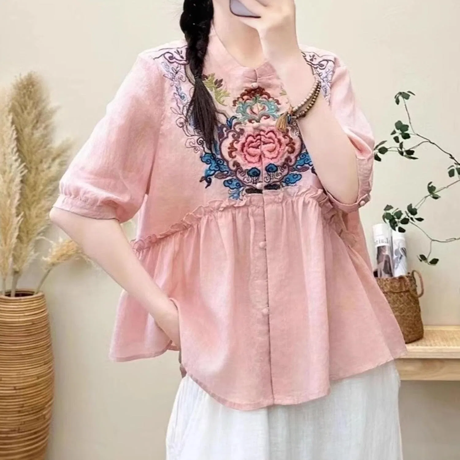 Туника, хлопок и лен Tunic T-Shirt, розовая — фото 2