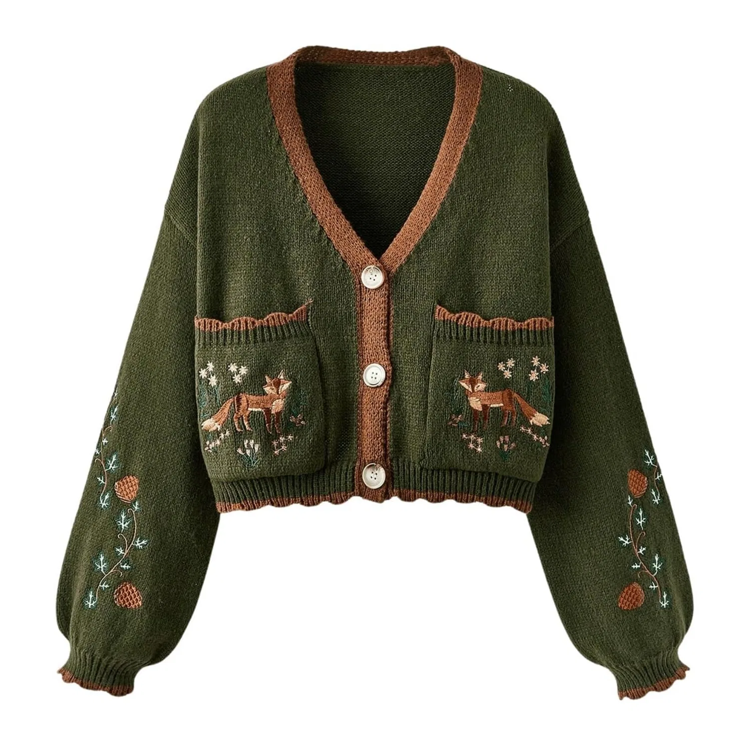 Женский кардиган с цветочной вышивкой Cottagecore Boho, Olive