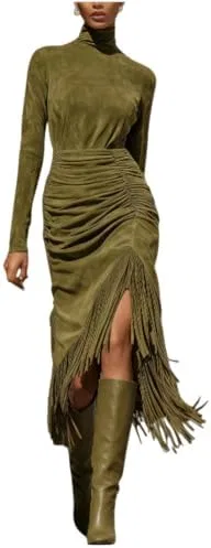 Женское платье миди с бахромой Suede Dress, Olive Green
