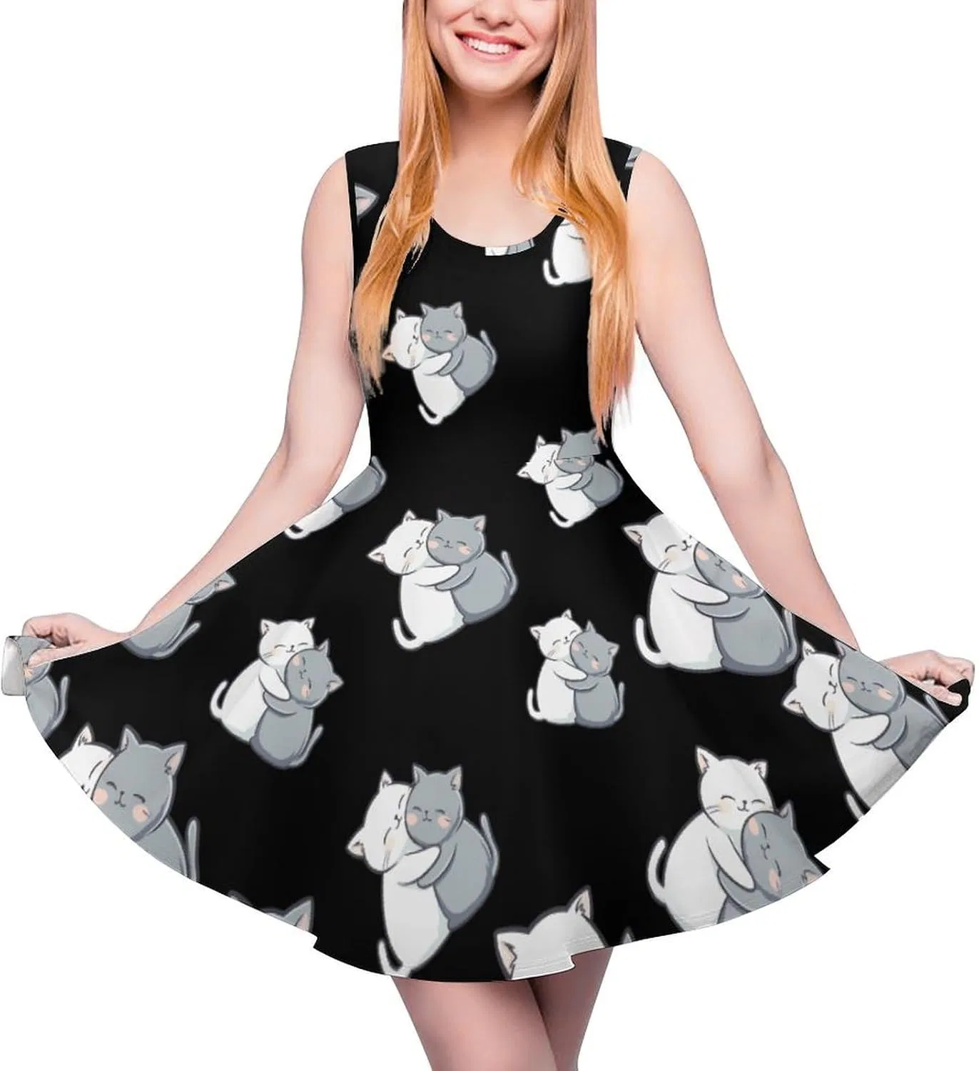 Женское сарафан с принтом Cat Hug, Black/White