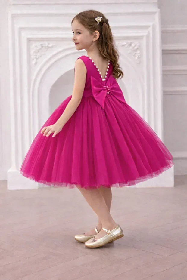 Детское платье для девочек с принтом Girl's collar pearl dress our violet model birthday graduation reading day evening dress Nsmkidslife, Fuchsia — фото 2