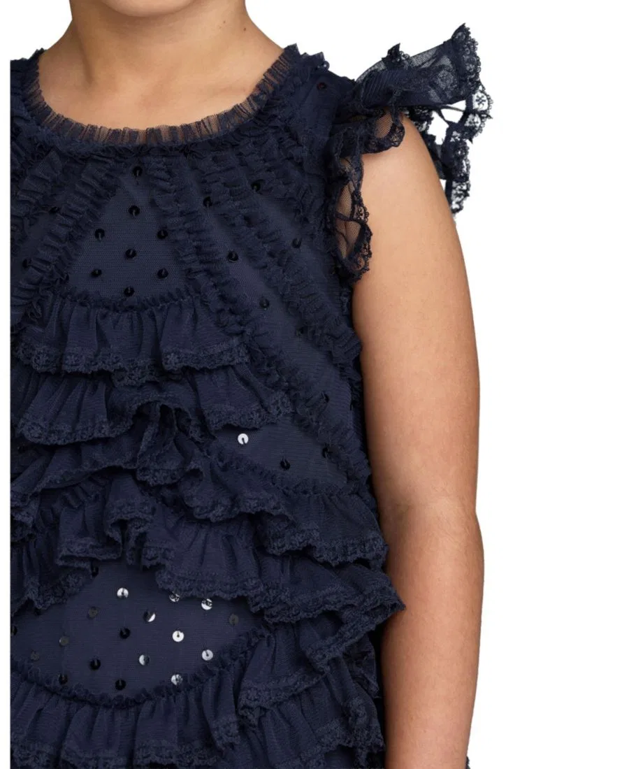 Платье с микро-рюшами Big Girls High Neck Cap Sleeve Micro Ruffle Dress Mac Duggal, Indigo — фото 3
