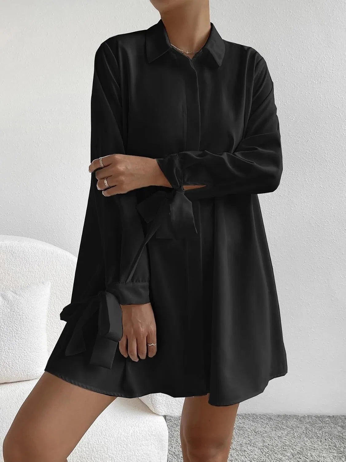 Женское мини-платье с длинным рукавом и бантом, Black — фото 3