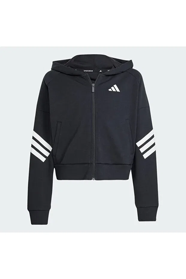 Детское худи для девочек с принтом Future icons 3-stripes full-zip kids hoodie Adidas, Black / White — фото 3