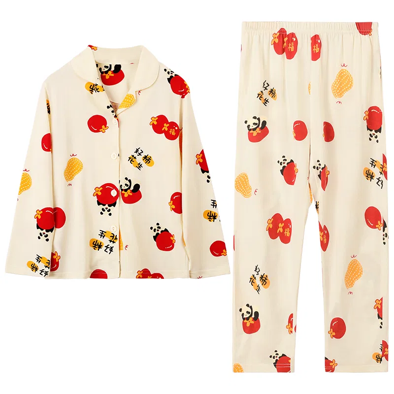 Детский комплект домашней одежды с длинным рукавом Red bean Red Series Suit Collar Cardigan Fashionable Soft Long Sleeve All-over Print Pants Home Wear, Light Cloud White