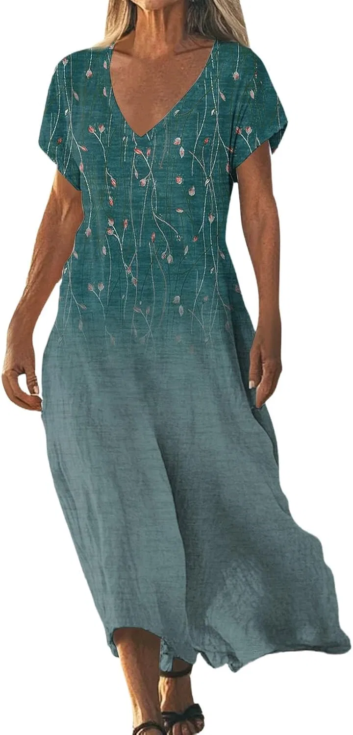Женское макси-платье из льняного хлопка с V-образным вырезом, Flowy Casual Boho, T74-cyan