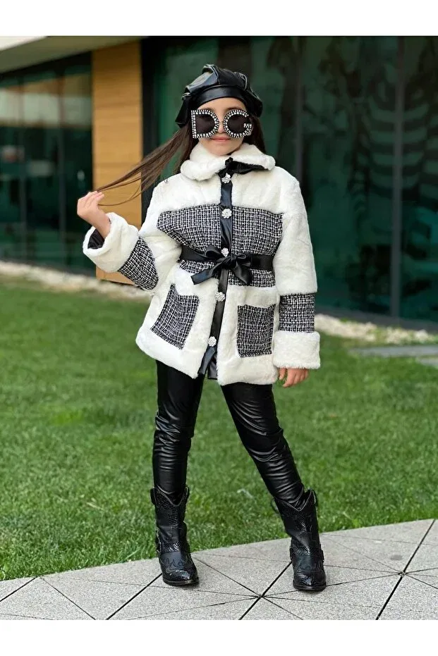 Детское пальто для девочек с меховым воротником Miniklerin Dünyası, Nude Color