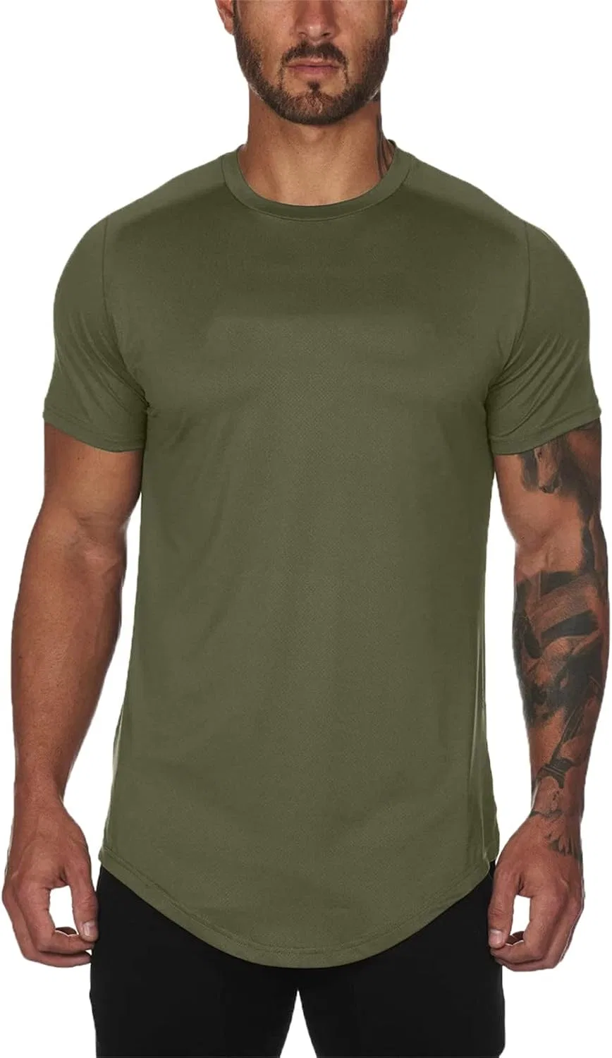 Мужская облегающая футболка с круглым вырезом Athletic Workout Basic Tops, Army Green — фото 2