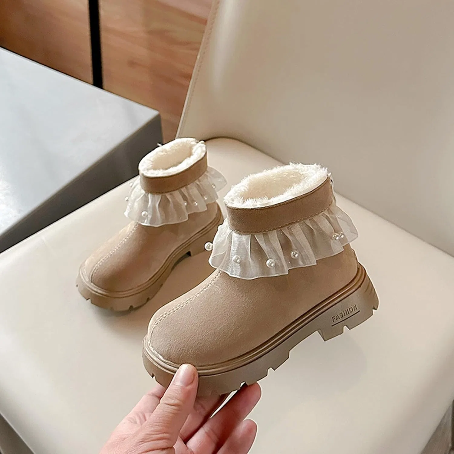Детские ботинки с искусственным мехом и жемчугом Princess, Khaki — фото 3