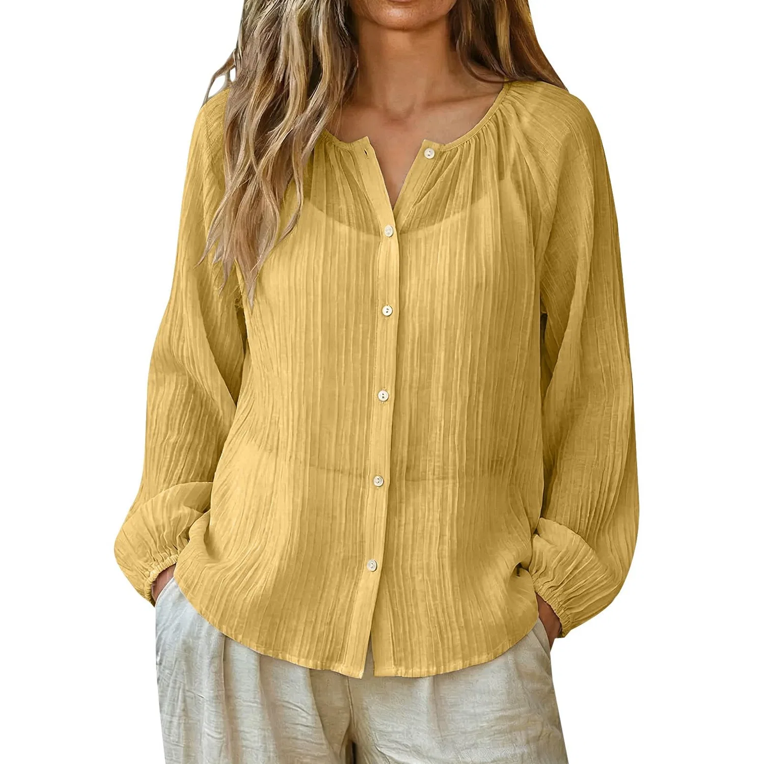 Женская блузка из хлопка и льна с длинным рукавом, Yellow