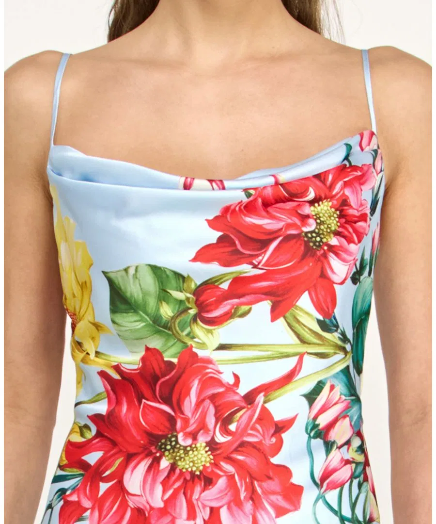 Платье-комбинация с запахом и принтом, модель Cowl Neck Printed Spaghetti Straps Satin Gown B Darlin, Lt Blue/Multi — фото 3