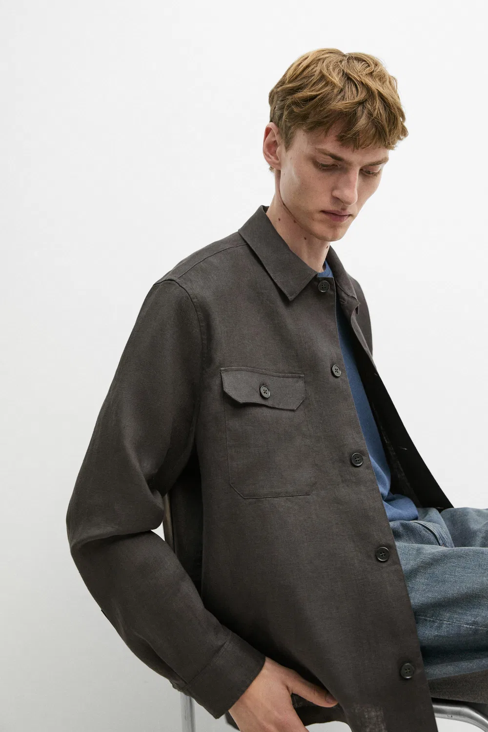 Льняная рубашка-куртка в стиле «Total Look» с карманами Massimo Dutti, сине-зеленый — фото 4