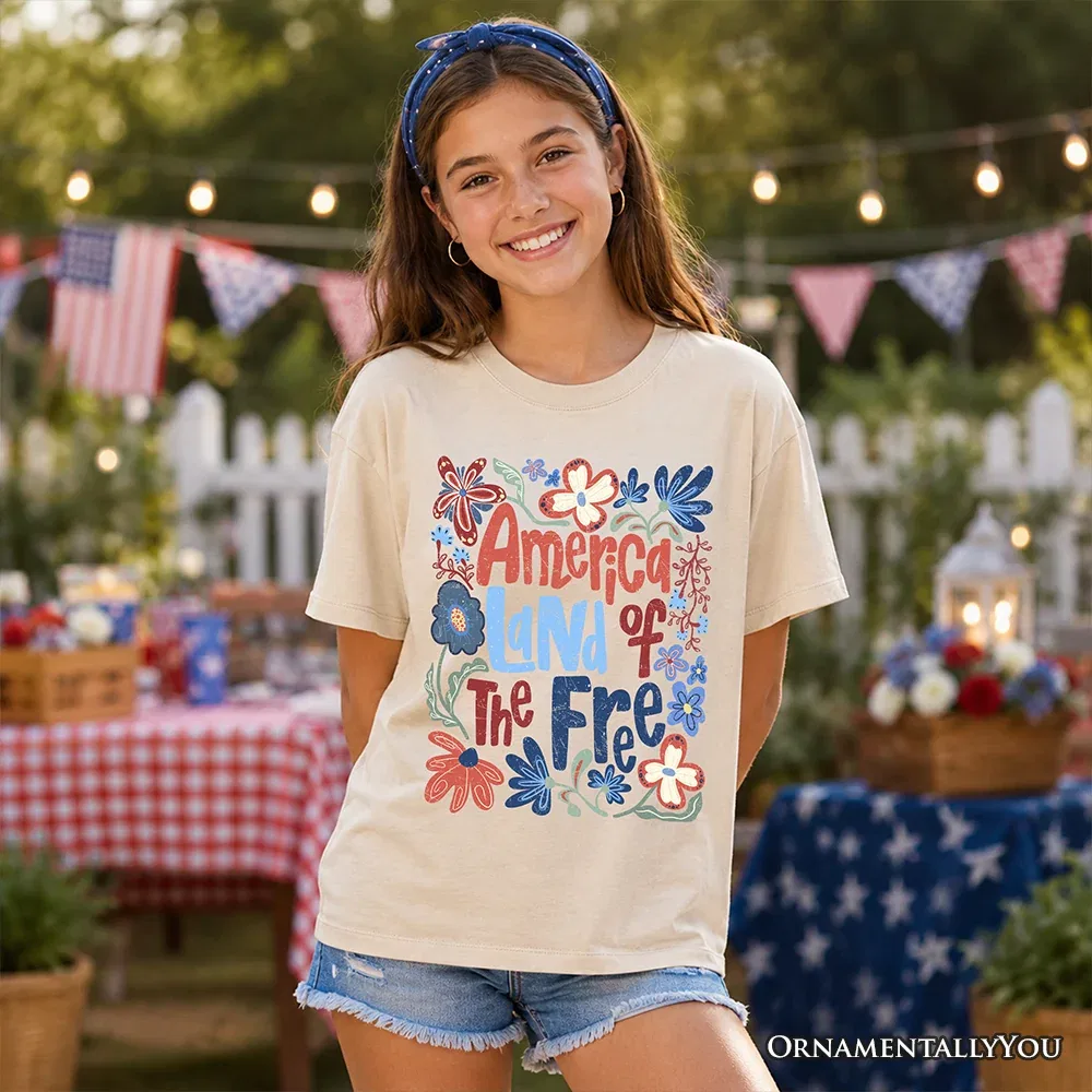 Детская футболка с принтом America Land of the Free Retro Floral OrnamentallyYou, Sand — фото 2