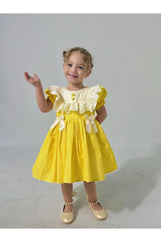 Детское платье для девочек с воротником-стойкой Defne Linarookids, Yellow — фото 2