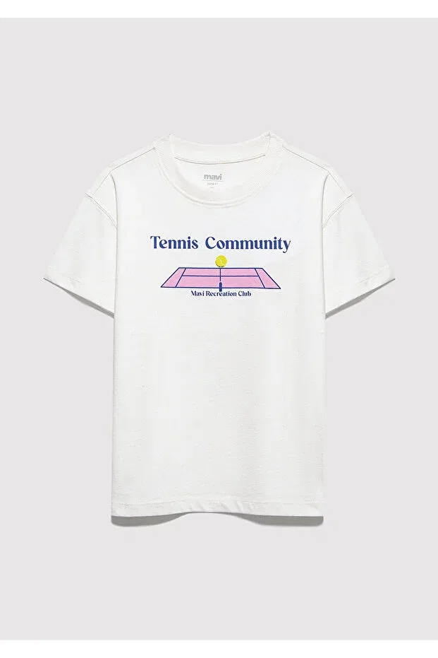 Детская футболка для девочек с принтом Tennis Ecru Mavi, Ecru — фото 4