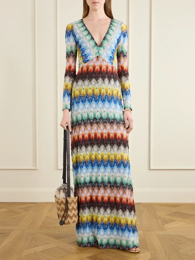 Полосатое макси-платье из металлизированного вязаного крючком трикотажа Missoni, мультицвет — фото 2