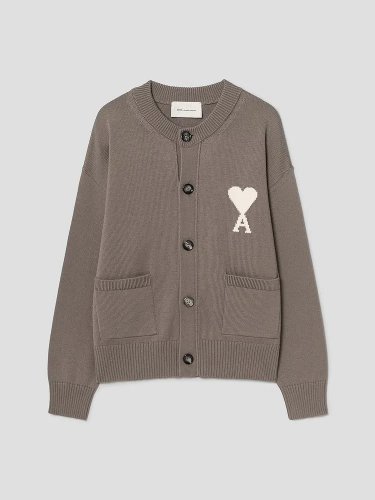 Кардиган с круглым вырезом и контрастным логотипом Ami De Coeur AMI PARIS, Beige