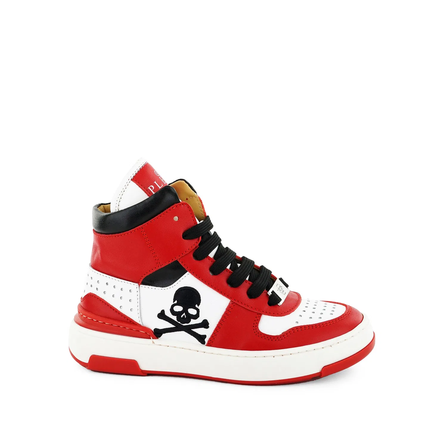 Детские высокие кроссовки из кожи с черепом PHILIPP PLEIN, Red/White