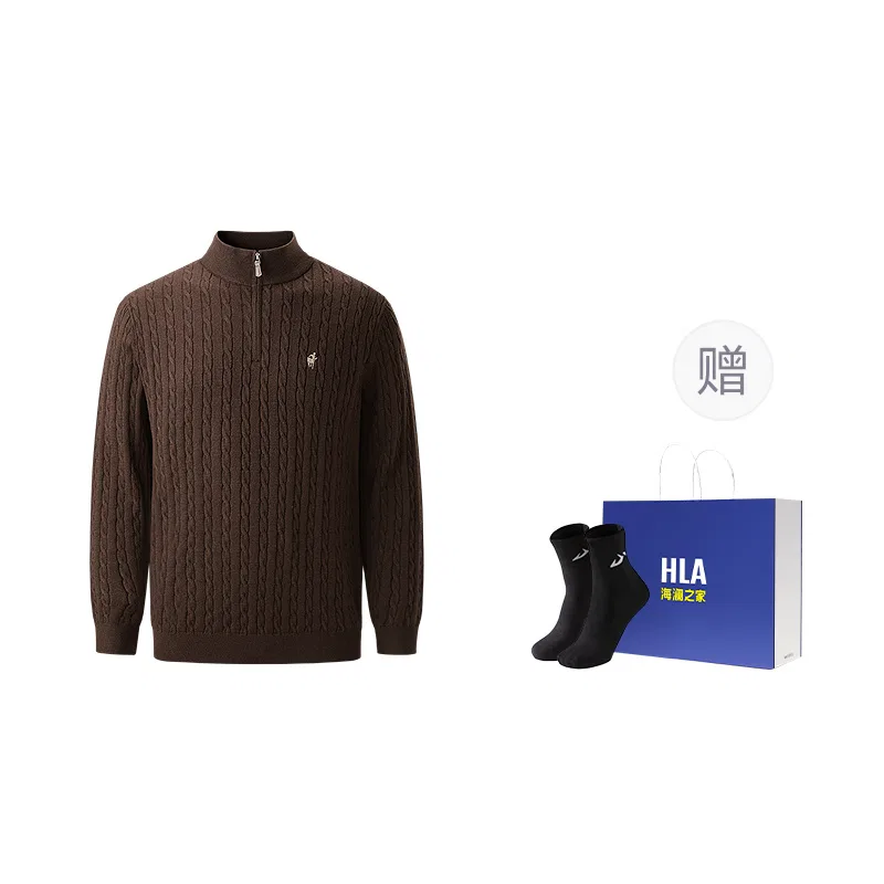 Детский свитер с полузастежкой-молнией, с шерстью, модель Dark Brown Pattern 58(Socks Combo), HLA, Dark Brown Pattern 58(Socks Combo)