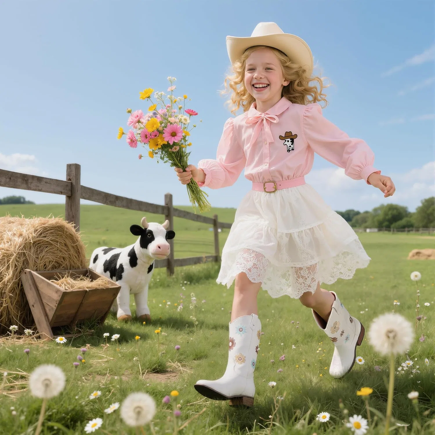 Детские сапоги для девочек с цветочной вышивкой Cowgirl Boots Goiphrri, White — фото 3