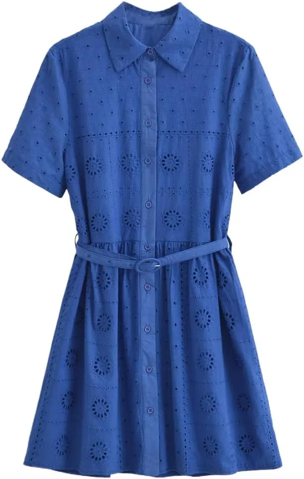 Женское короткое платье-рубашка с вышивкой и поясом Casual, Pic Color