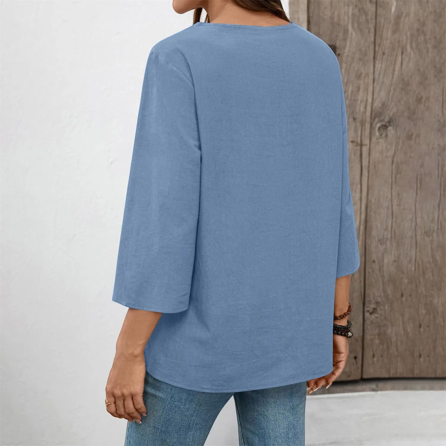 Женская льняная туника с вышивкой Retro 3/4 Sleeve Boho Casual Loose Fit Lightweight Summer Beach Blouse, Dark Blue — фото 4
