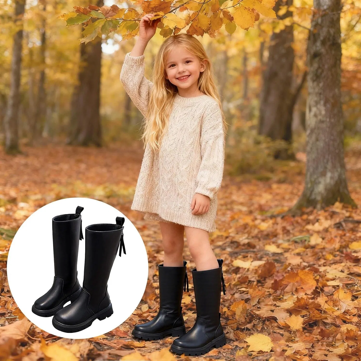 Детские ботинки для девочек с принтом, модель Girls Knee Length Boots Mid Calf Riding Boots PU Leather Zipper Punk Goth Boot Fall Winter Bowknot Combat Boot Little Big Kid, Black — фото 2