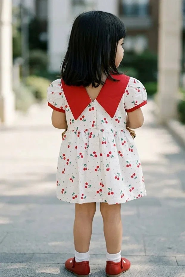 Детское платье для девочек с принтом Cherry patterned bowknot Celyse, White — фото 2