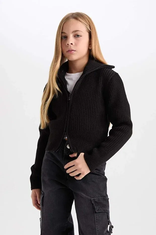 Детский кардиган с высокой горловиной и молнией Defacto, Black