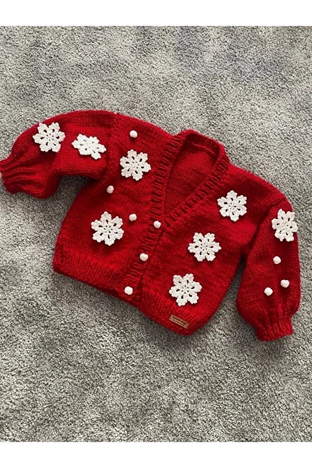 Детский кардиган для девочек с вышивкой Snowflake Detailed Hand Knitted Nevalin, Red — фото 2