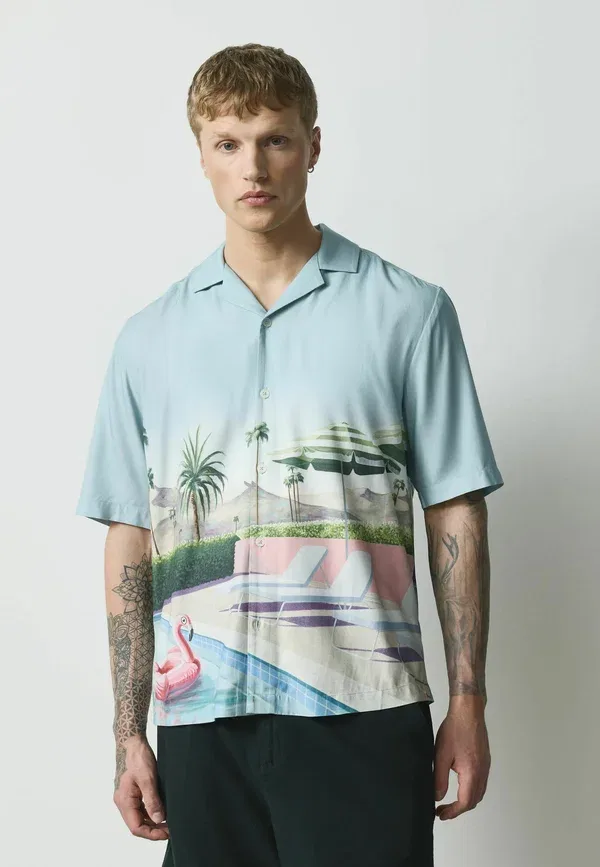 Рубашка с принтом Regular fit Short Sleeve Shirt Next, light blue pool scene, светло-голубой