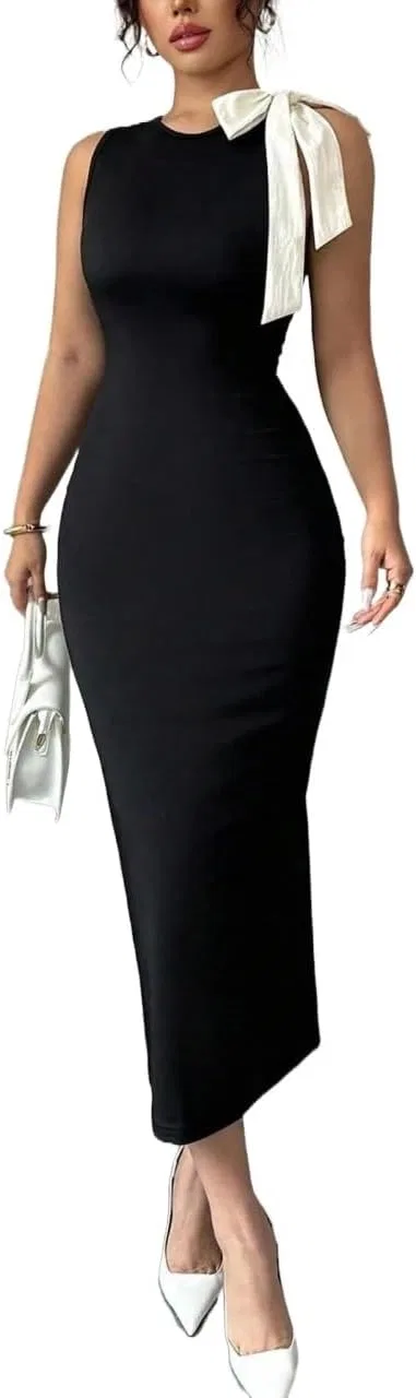 Женское миди-платье с галстуком-горловиной Colorblock, Black