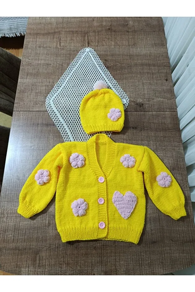 Детский кардиган для девочек с длинным рукавом Hand knitted kids cardigan El Örgüsü Cici Bebe, Yellow — фото 4