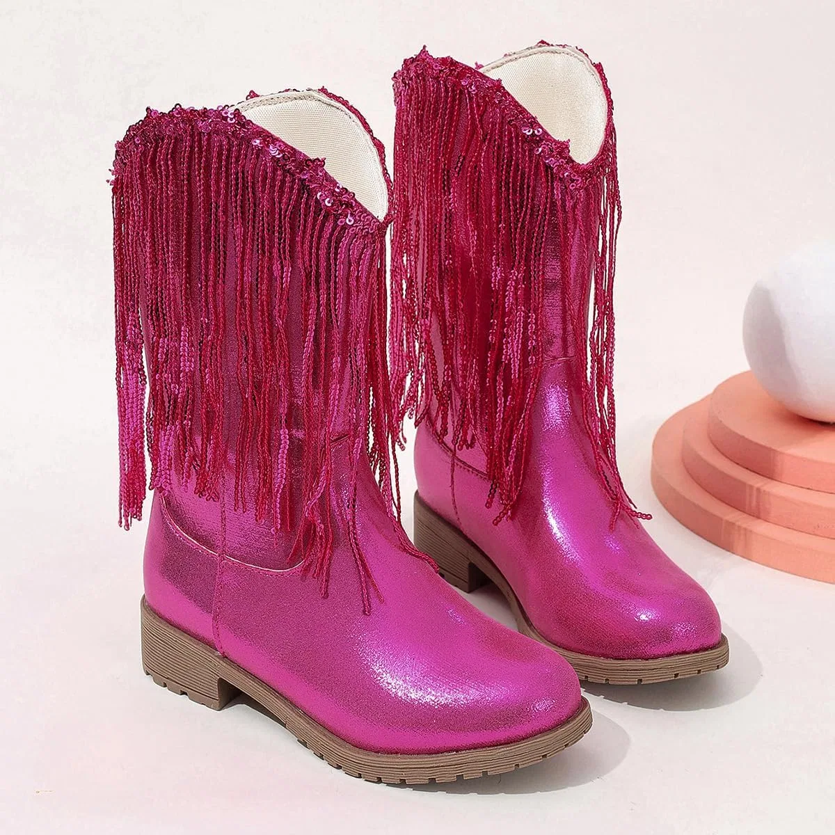 Детские зимние сапоги для девочек с кисточками и пайетками Princess Boots Auhoho, Rose — фото 3