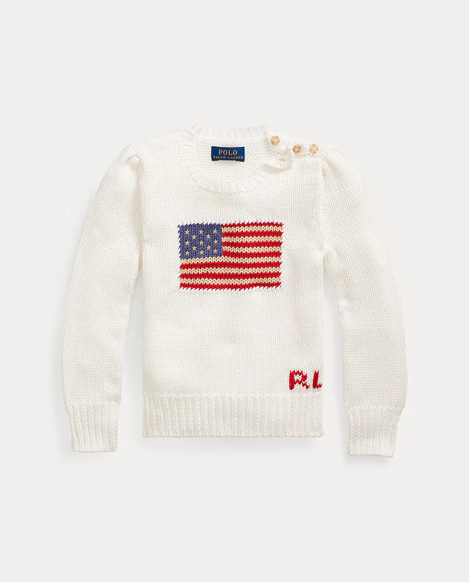

Хлопковый свитер для девочки с флагом США Polo Ralph Lauren, цвет Crudo