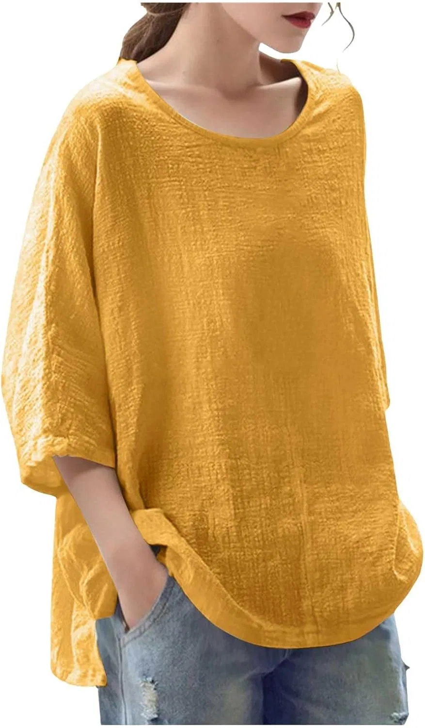 Блуза свободная из хлопка и льна Long T-shirt, желтый