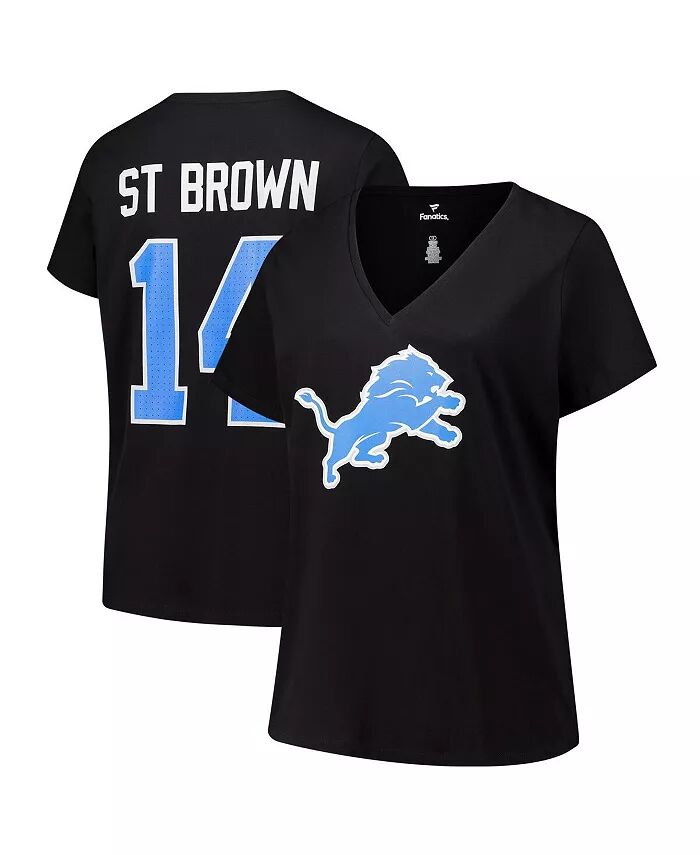 

Женская футболка Amon-Ra St. Brown Black Detroit Lions размера плюс с именем игрока и номером и V-образным вырезом Fanatics
