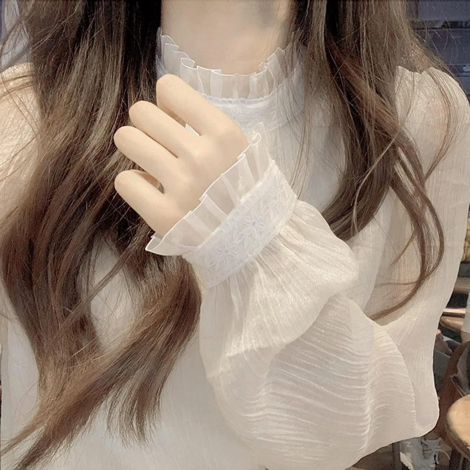 Блуза, длинный рукав, Regular Collar, бежевый — фото 3