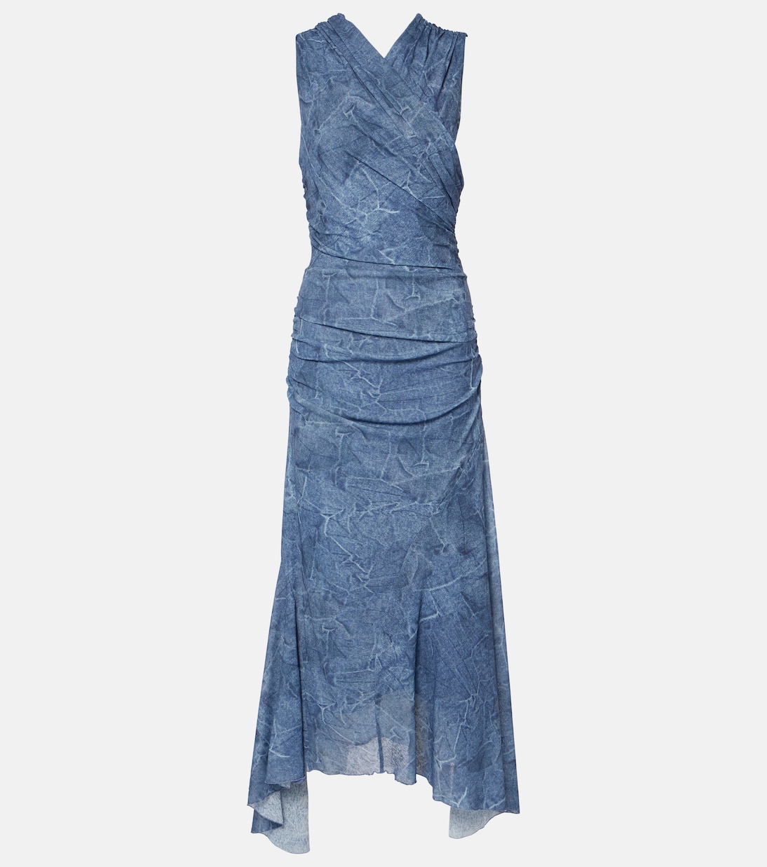 

Платье макси из сетки с принтом и сборками Ganni, Denim