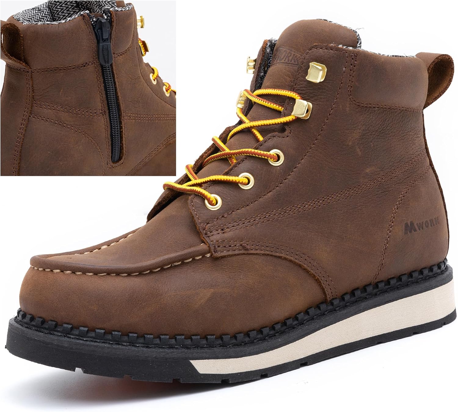 

Мужские ботинки MWORK с мягким носком 15 см, из премиальной кожи полного зерна, устойчивые к истиранию, маслу и скольжению, с прочной клиновидной подошвой, EH класс, поддержка свода стопы, предотвращение усталости, коричневый