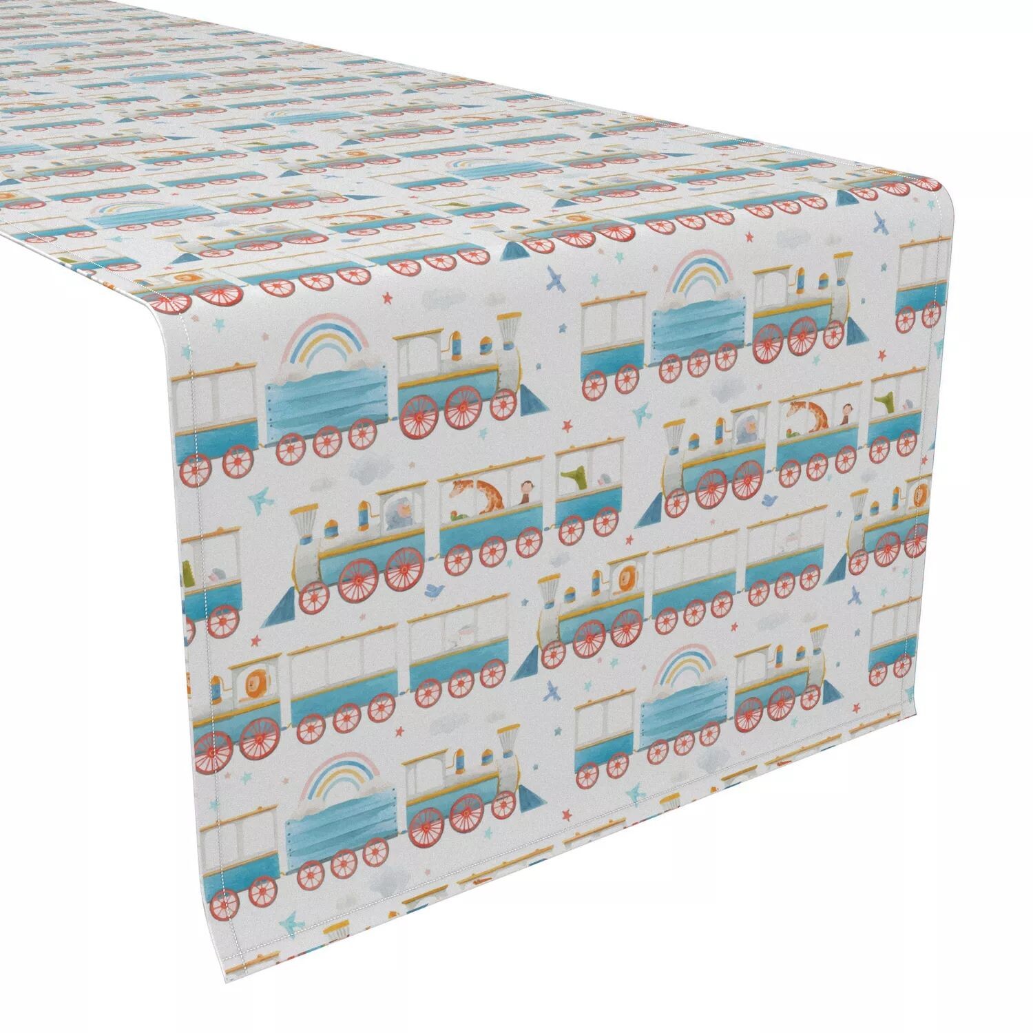 

Настольная дорожка, 100 % хлопок, 16x72 дюйма, акварельный поезд и животные из зоопарка.