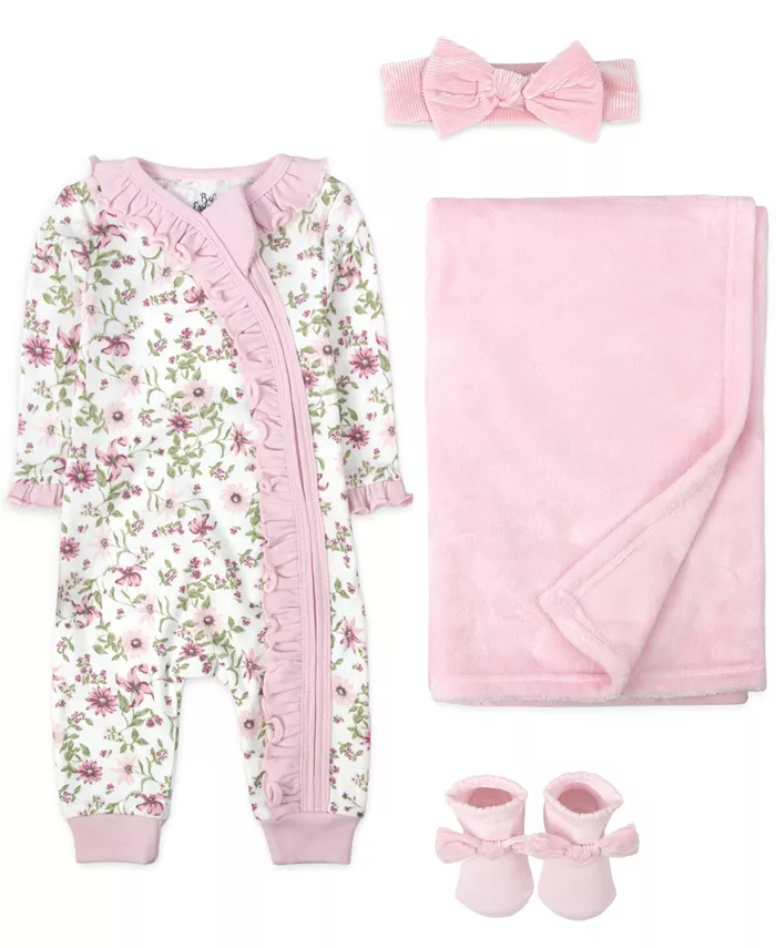 

Комплект для девочек из 4 предметов: комбинезон, плед, носочки и повязка на голову Baby Essentials, розовый