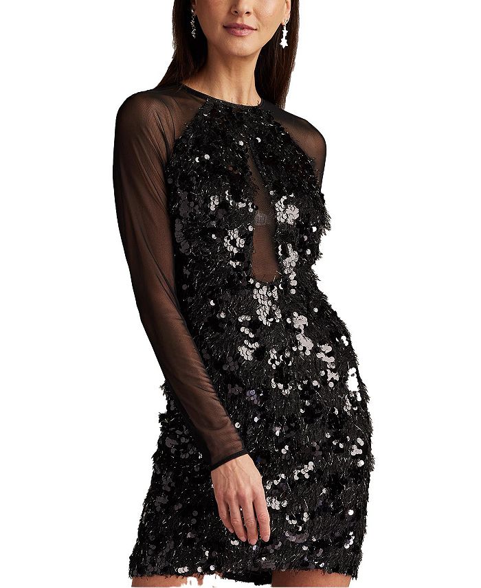 

Диана Мини-платье с пайетками и бахромой Tadashi Shoji, черный