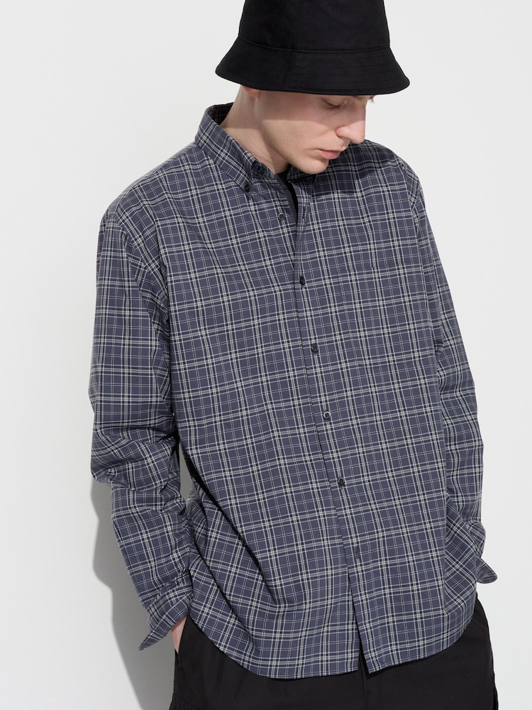 

Широкая рубашка в клетку на пуговицах Uniqlo, серый