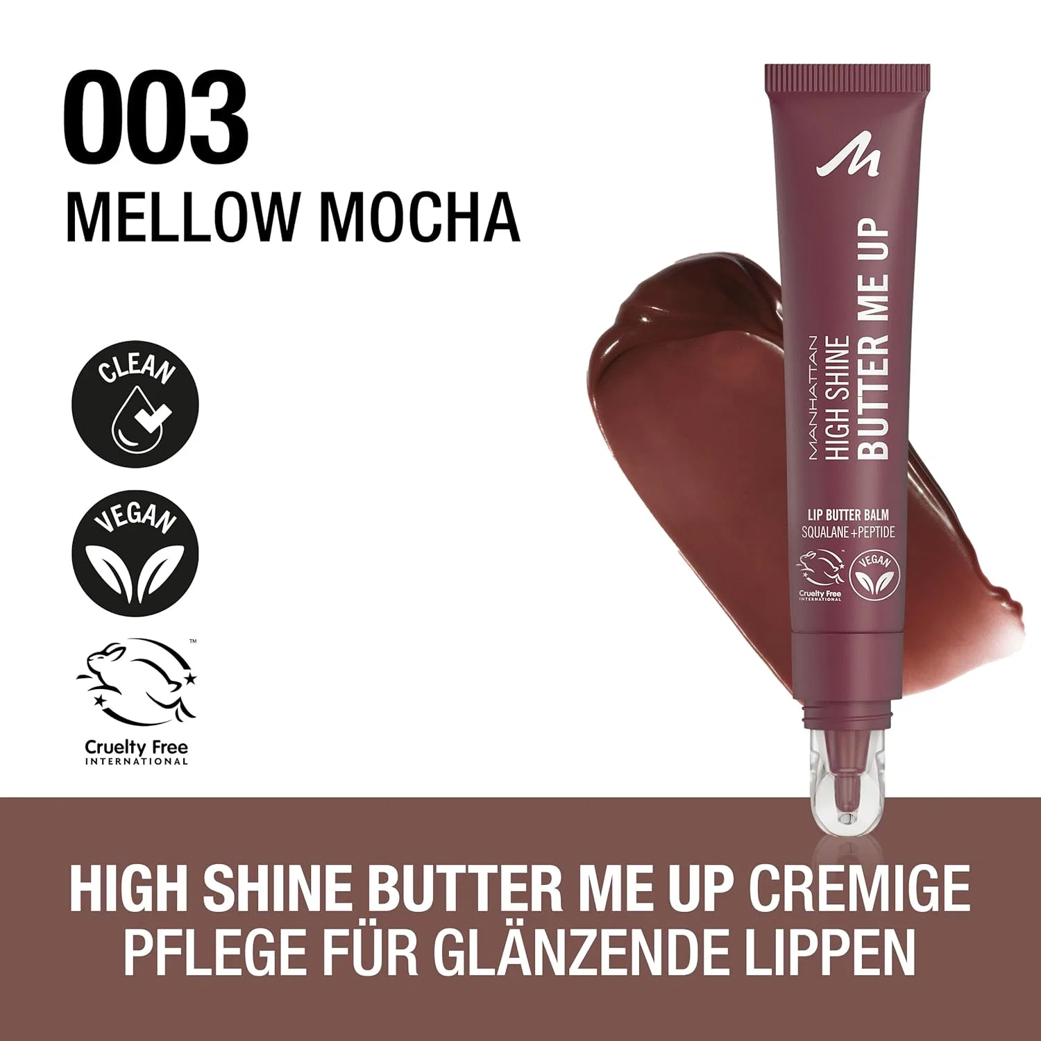Тинтованный бальзам для губ «High Shine Butter Me Up Lip Butter Balm» от Manhattan, оттенок 003 Mellow Mocha Manhattan, 003 Mellow Mocha — фото 3