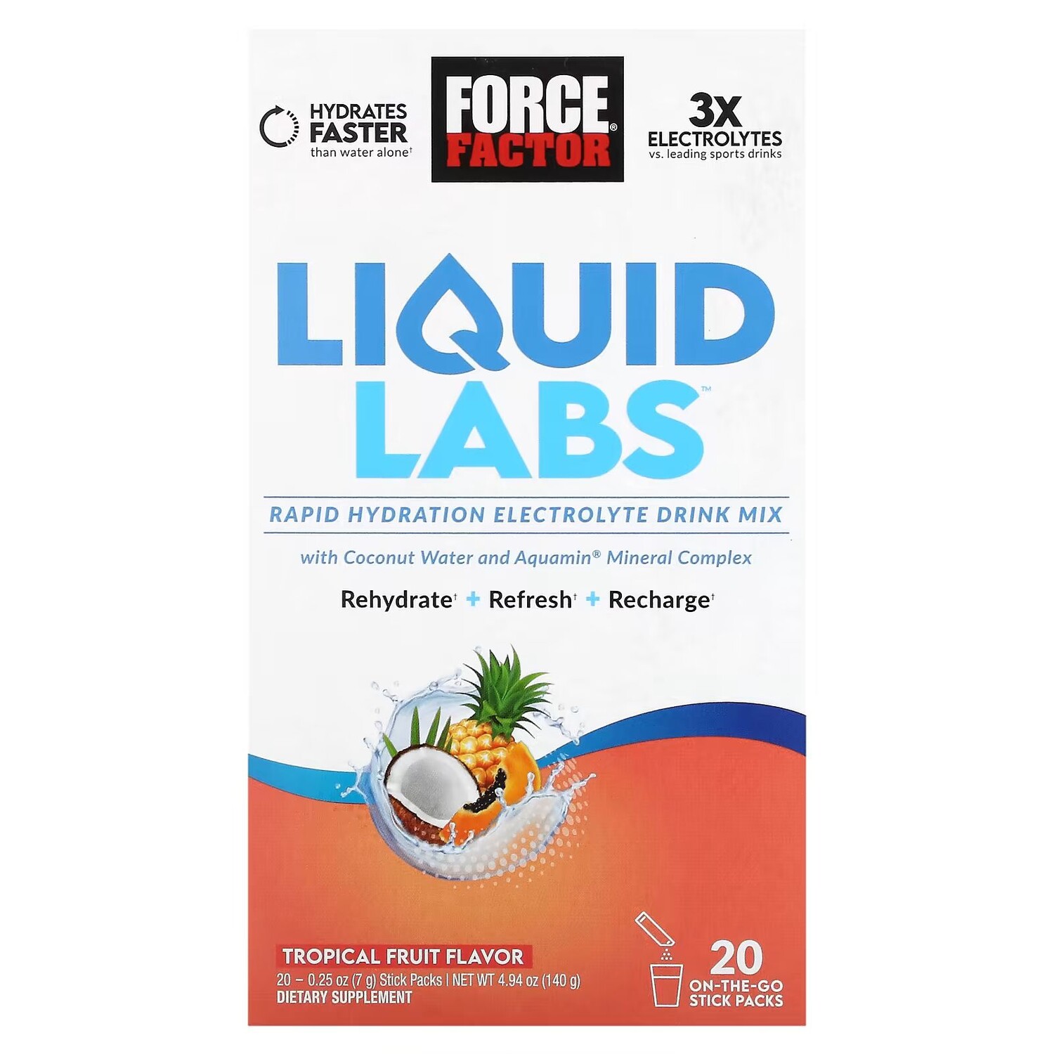 

Liquid Labs, смесь для питья с электролитами для быстрой гидратации, тропические фрукты, 20 пакетиков по 0,25 унции (7 г) каждый Force Factor